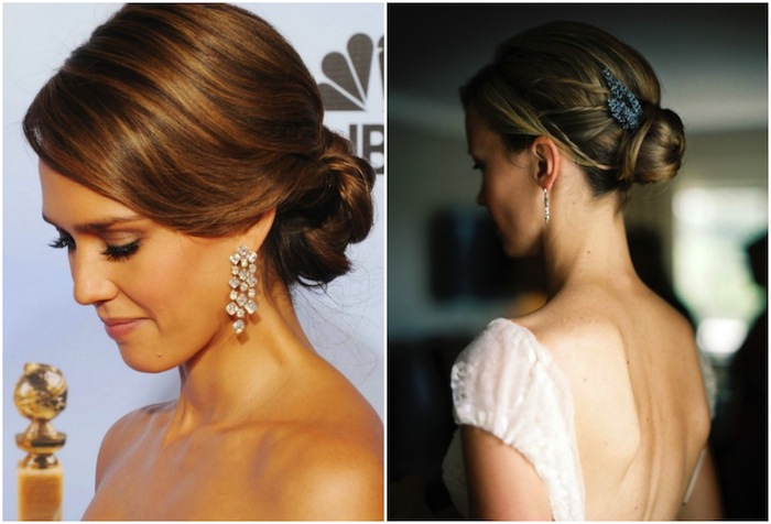 Classic low bun worn at the back of the head with loose pieces at the sides