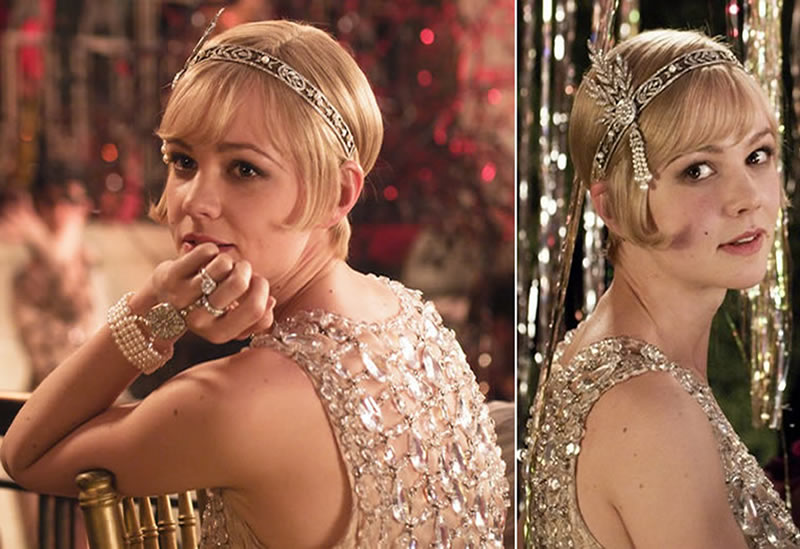 Short straight hair with bangs and a statement headband, the Daisy Buchanan look