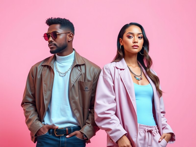 a female and male model posing for a clothing line photoshoot